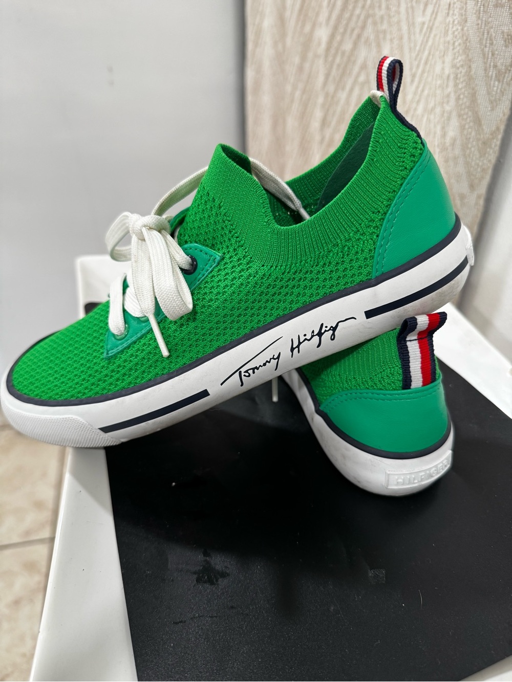 Tommy Hilfiger women’s Green Knit Lace-Up Sneakers with Signature Stripe Heel